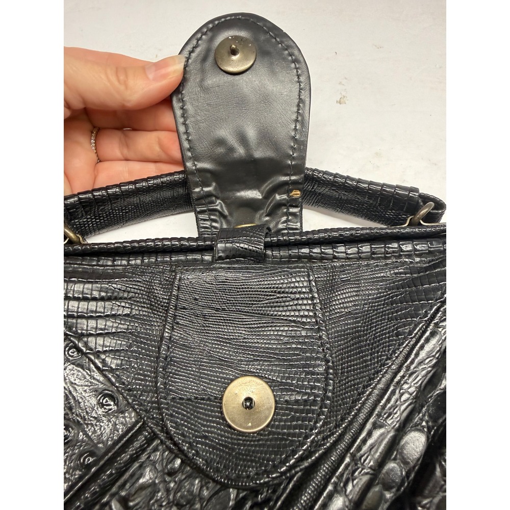 Vintage Black Embossed Patchwork Handbag Crocodile Ostrich Lizard Top Handle Bag - Picture 10 of 15